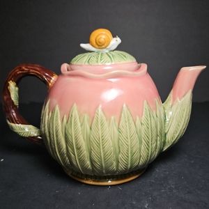 Vtg 1991 CBK Nouveau Majolica Teapot Green Fern With Snail Lid Signed Wanjiang